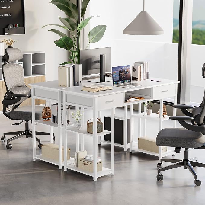 DUMOS 48-Inch Computer Desk with Drawers and Hook, White | Home Office Desk for Bedroom, Gaming Writing Study Desk with Adjustable Feet