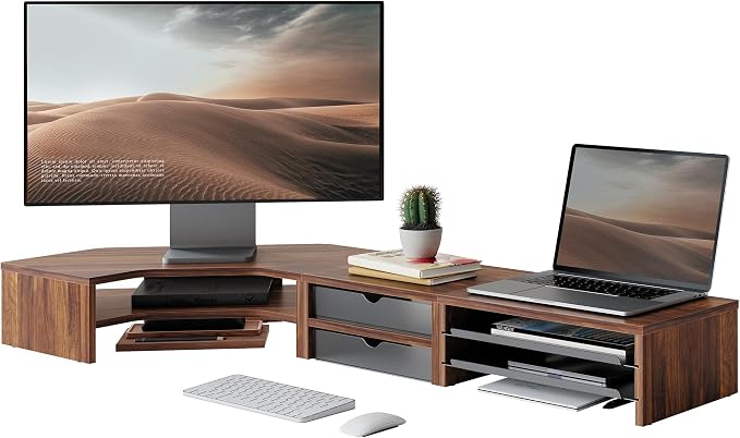 Fenge Dual Monitor Stand, Corner Desk Shelf with Drawer & Slide-Out Tray | Modular Design for Flexible Layouts, 2-Tier Storage Desktop Organizer for Computer, Laptop, Printer and Telephone