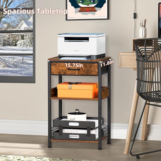 Lerliuo End Table with Fabric Drawer,3 Tier Industrial Wood Side Table with Storage,Modern Tall Printer Stand,Vintage Brown Nightstand,Rustic Bedside Tables for Living Room Bedroom Small Spaces | Three-tier printer stand with fabric drawer and two shel...