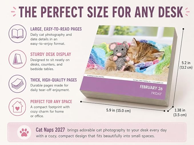 Cat Naps 2027 Daily Desk Calendar: Boxed Page-a-Day Cute Cat Photo Calendar with Day-to-Day Adorable Sleeping Kittens & Funny Feline Captions