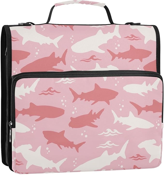 Shark Pink Print Zipper Binder Bag 3 Ring with Shoulder Strap & Handle Multi Pocket Binder Organizer Bag Large Capacity for School Office Supplies