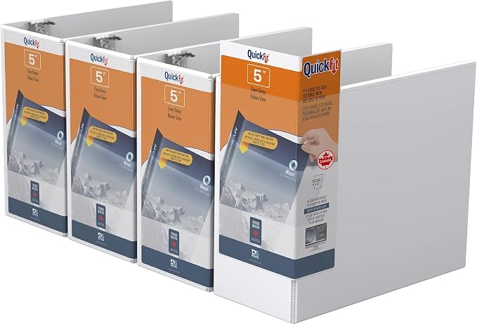 QuickFit View Binder, 3-Ring Binder for School or Office, D Ring, White, 4 Pack, 5 Inch