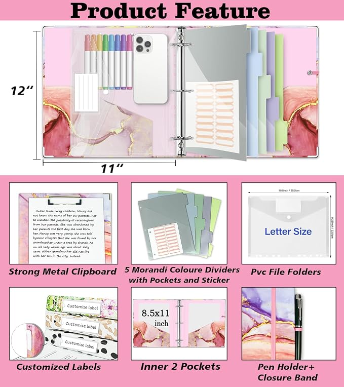3 Ring Binder 2 Inch, Three Ring Binders Organizer with Clipboard, 5-Tabs Pockets Dividers, Plastic Folder, 18 Divider Stikers, BVSSX Pink Decorative Binder with Pen Loop (Pink Marble, Letter Size)