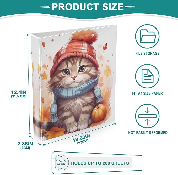 SPRIPORT Fall Cat 1.5 Inch 3 Ring Binder Holds 200 Sheets for Office Supplies Durable PVC Round Ring Binder with Interior Clear Pockets 3 Ring Notebook Binder for Man Woman Home Work