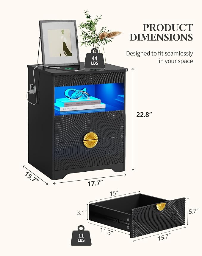LED Nightstand Set 2 with Gun Drawer & Charging Station | 3-Color Lights & Human Body Sensor, Smart Charger Station, 2 DrawersHidden Storage, End Table Bedroom Livingroom