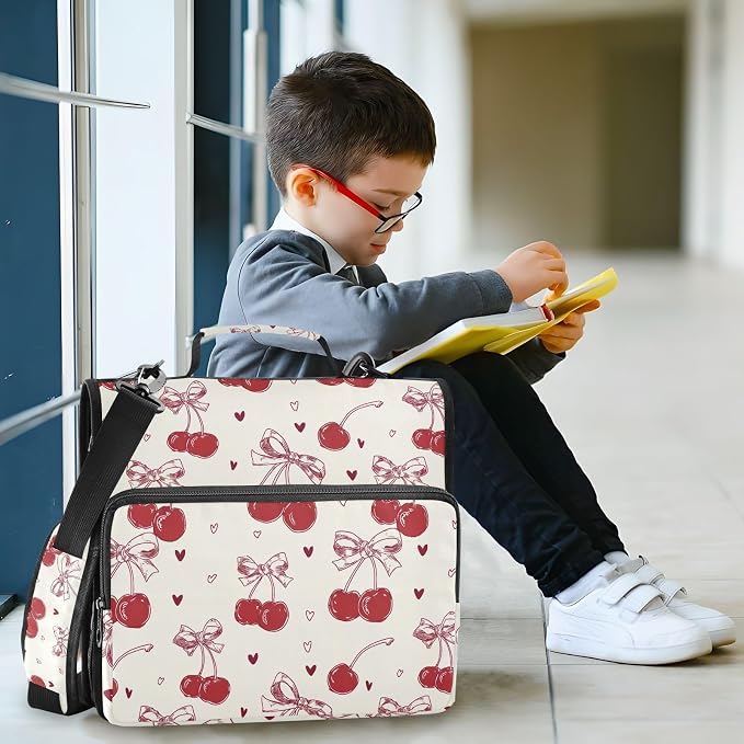 3 Ring Zipper Binder with Shoulder Strap Red Bow Cherry Love 2 Inch Zippered Binder Bag 500 Sheet Capacity Multi Pockets for School Supplies