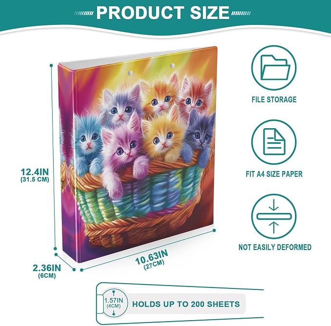 3 Ring Binder Colorful Kitten Cats 1.5" Round Ring Binders View Binder with 200 Sheet for Women Men Office Kids School Supplies, 1 Pack