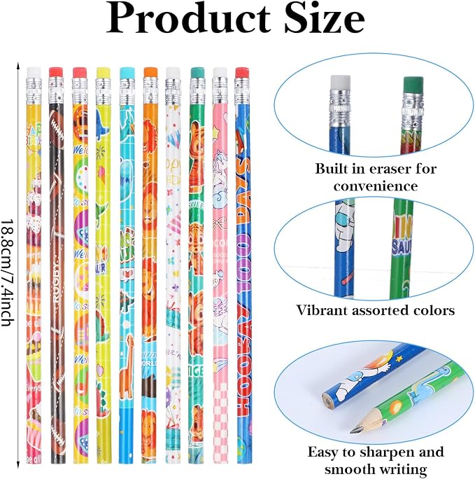 180 Pcs Colorful Wooden Pencils with Erasers, No.2 HB Multicolor Pencils Bulk for Learning Supplies, Rewards, Teacher Gifts & Party Favors