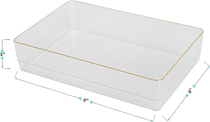 Martha Stewart Kerry Stackable Desk Drawer Organizers, Clear/Gold, 3-Pack | 9x6 in Organizers, Gold Trim, Stackable