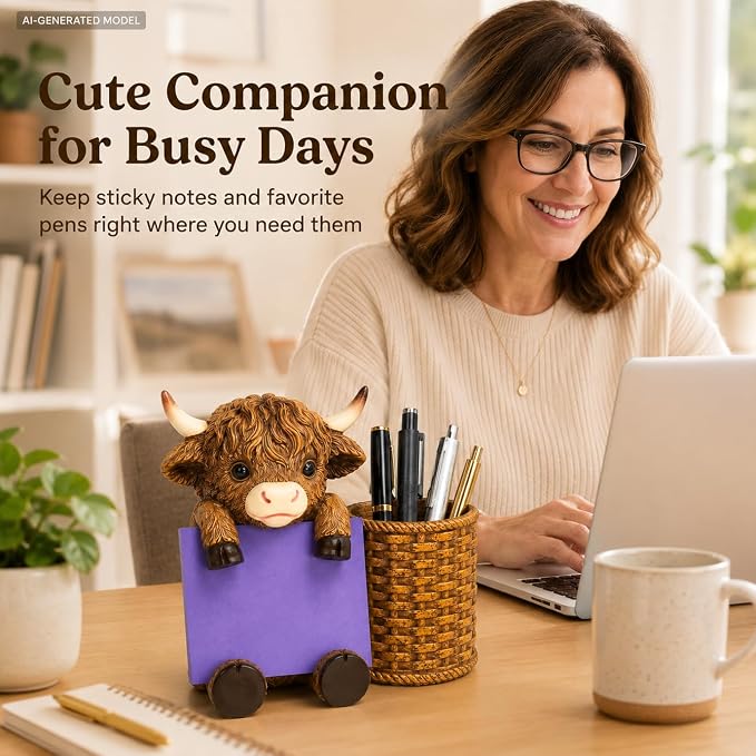 Highland Cow Note Pad Dispenser with Pen Cup, Desk Organizer | Cute highland cow note pad dispenser with pen cup, perfect for desks, offices, classrooms, and cow lover gifts.