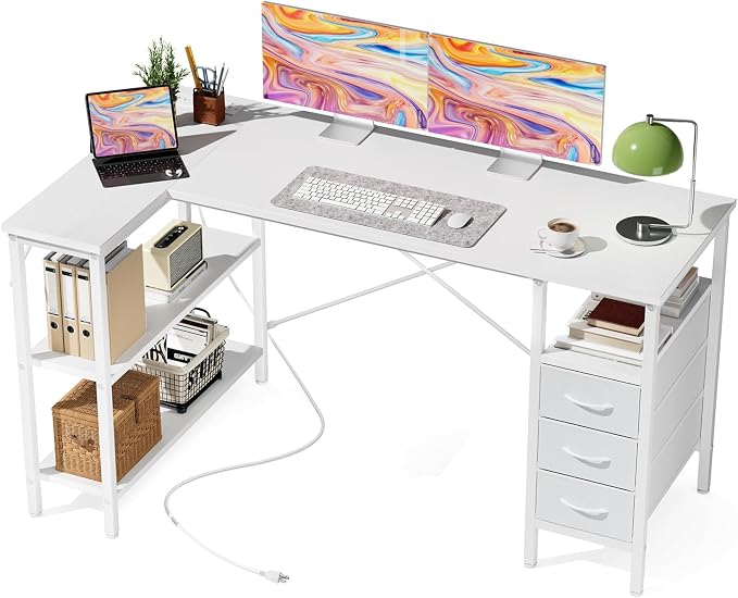 DUMOS L Shaped Desk with Drawers, Gaming Desk, 55 Inch | Power Outlet, Study Table, Adjustable Shelves, Home Office, Corner Computer Workstation, Bedroom, White