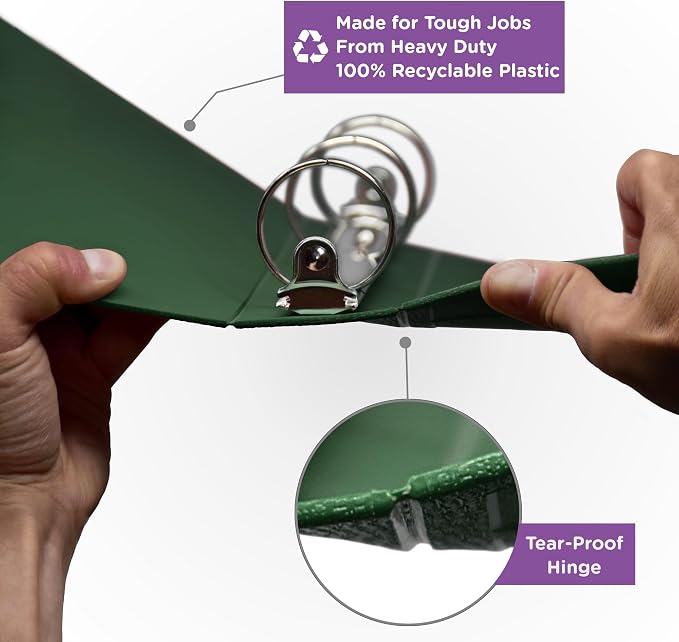 Carstens 1-Inch Heavy Duty 3-Ring Binder - Side Opening, Forest Green, Durable Plastic, Precision No-Gap Rings, Waterproof Cover, No Pockets, Holds 125 Letter Sheets, BPA-Free, Made in USA (8709-3R)