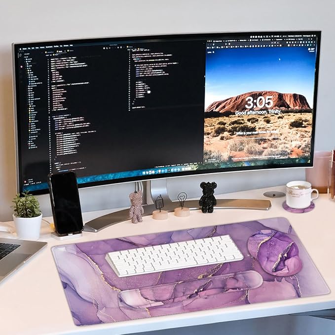 4-in-1 Gaming Mouse Pad Wrist Support Set，Desk Pad + Mouse Pad with Wrist Rest + Keyboard Wrist Rest + Coaster, Ergonomic Design for Home Office Study Game - Purple