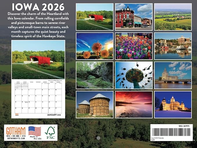 Iowa Calendar 2026 Wall 12 Month Monthly IA Scenic Souvenirs Themed Gifts | American Made In The USA