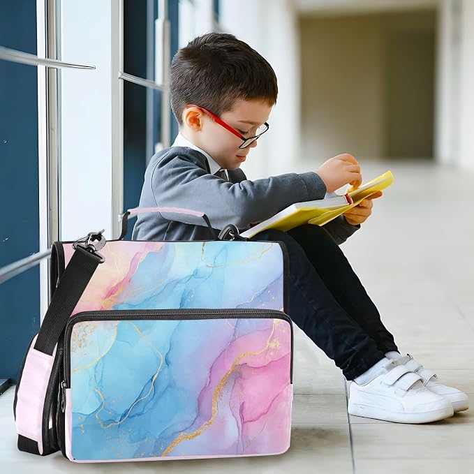 Blue Pink Marble Pattern 3 Ring Zipper Binder with Shoulder Strap & Handle 3 Inch D-Ring Zippered Bag with Pencil Pouch,Multiple Pocket & Expanding File Folder, Binder Organizer for School or Office