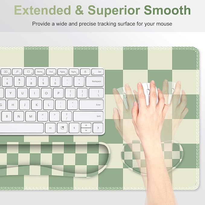 Large Gaming Mouse Pad Set, 4 in1 Ergonomics Keyboard Desk Mat with Memory Foam Wrist Rest, Extended Game Mousepad, Non-Slip Desk Pad Matt Easy Typing Pain Relief I Green Checkered