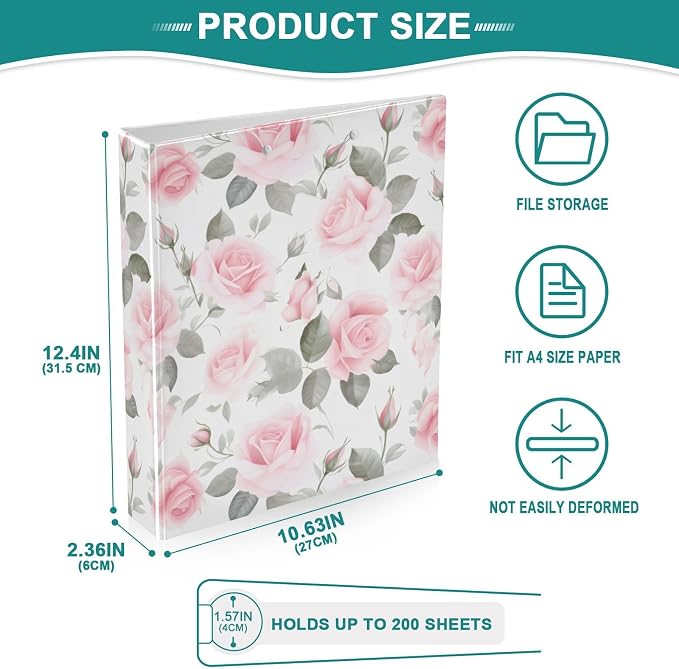 3 Ring Binder Pink Rose Floral Roses 1.5 inch Binders Three Ring Binders with Clipboard Fit 8.5'' x 11'' Paper 3 Interior PVC Clear Pockets for Office Supplies