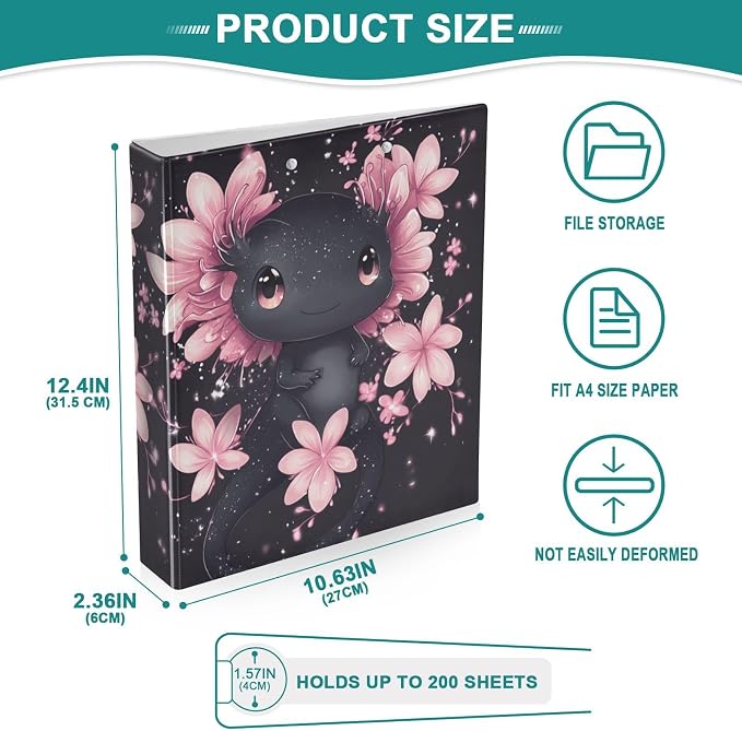 Cute Black Axolotl Decorative 3 Ring Binder 1.5 Inch Large View Binders with Pockets Holds 200 Sheets File Organizer for Office College School, 2 Pack