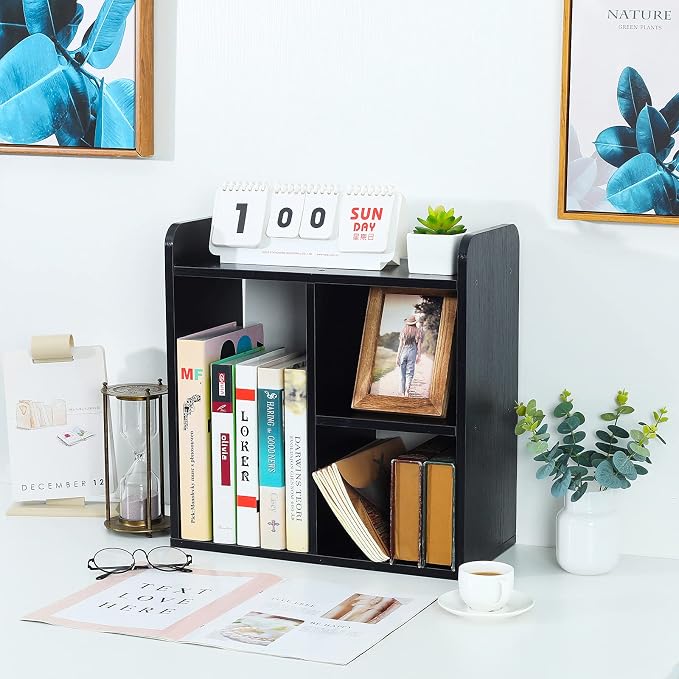 Desktop Shelf Freestanding Wood Small Bookshelf Desk Supplies Organizers and Accessories Storage Display Rack Office Decor for Women, Black