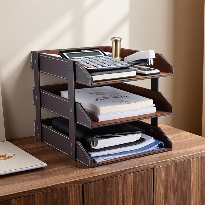 Letter Tray, Leather Paper Organizer Tray, Wooden Desk File Holder, Desktop File, Stackable Magazine Holder, Mail Sorter, Great for Home or Office - 3 Level Brown
