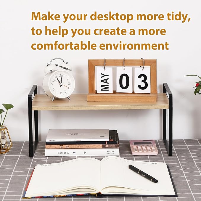 YGYQZ Desk Shelf Organizer, 1-Tier Desktop Bookshelf, Black & Wood | Cute Minimalist Style, Modular Desktop Storage, Space-Saving Organization, Ideal for Office & Dorm