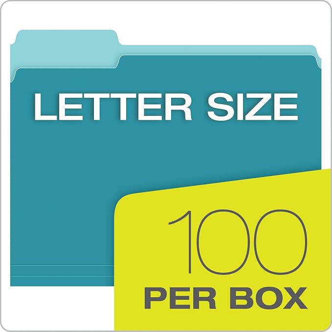 Pendaflex Two-Tone Color File Folders, Letter Size, 1/3 Cut, Teal, 100 Per box (152 1/3 TEA)