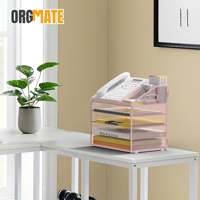 5 Tier Mesh Desk Organizer with Pen Holder and Handle Letter Tray | Metal desktop document shelf and paper sorter. Premium mesh workspace storage for office, home, and classroom