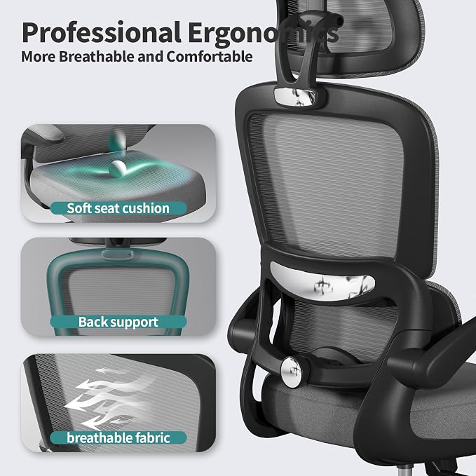 TRALT Office Chair Ergonomic Desk Chair - Gaming Chair with Lumbar Support | 330 LBS Home Office Desk Chairs with Headrest, Reading Chair with Flip-up Armrests, Comfortable Computer Chairs (1, Grey)