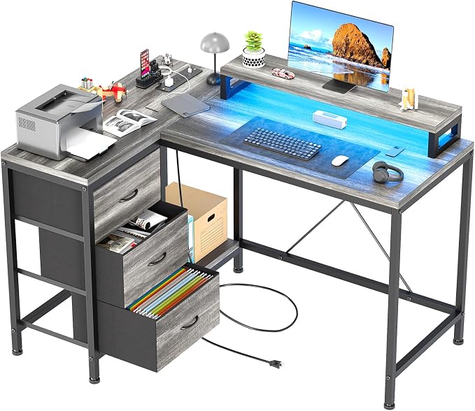 Hetoy L-Shaped Computer Desk with Charging Station – Corner Gaming Desk with LED Lights, Drawers & Storage Shelves for Home Office Use, Oak