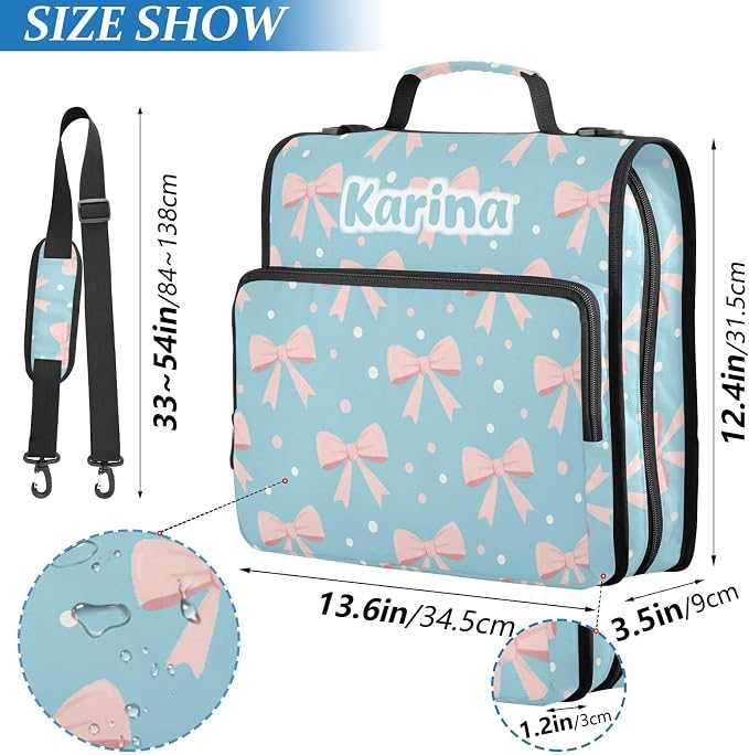 Custom Bow Pink Blue Pattern 3 Ring Zipper Binder with Shoulder Strap & Handle 1.5 Inch D-Ring Zippered Bag with Multiple Pocket, Personalized Binder Organizer for School or Office