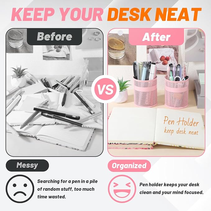 Segarty Pencil Holder, 6 Pack Pink Pen Holder, 3.3 x 3.9 inch Pencils Cups Holder, Round Metal Pens Container Organizer for Office Supplies, School Classroom, Makeup Brush, Home Storage
