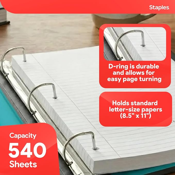 Staples Better Binder, 2-Inch D-Ring View, Teal, Holds 540 Sheets | Reinforced spine for durable everyday use in office and school settings.