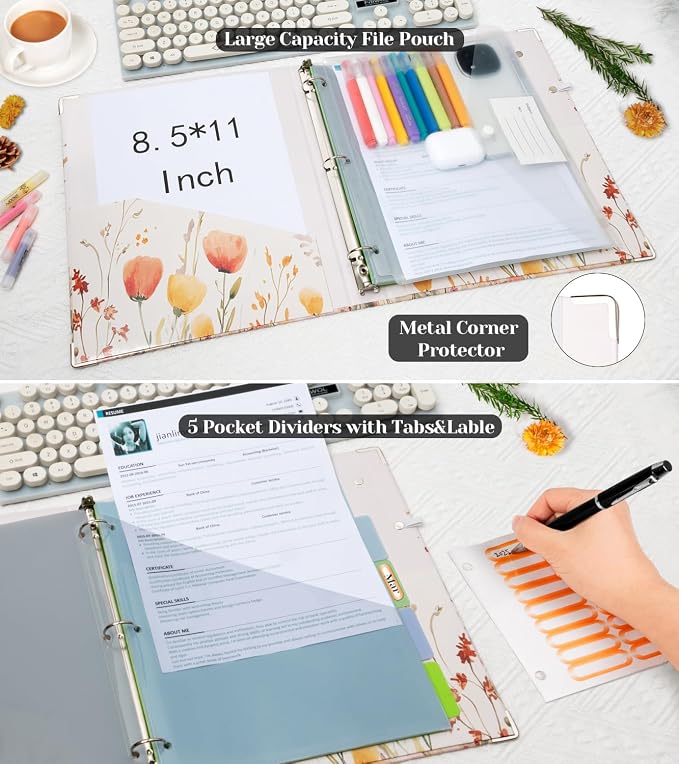 3 Ring 1 Inch Binder Organizer, KLLVE Three Ring Binders with Clipboard, 5-Tabs Pockets Dividers, Plastic Folder, 18 Divider Stikers,Pen Loop (Weeds, Letter Size)