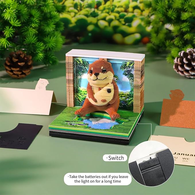3D Time Piece Calendar, 2027 Desk Calendar With LED Light, 3d Tree Memo Pad Creative Desk Calendar, Christmas Gift for Colleague Friend, Desktop Decoration(Sea Otter)