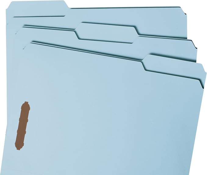 Smead 100% Recycled Pressboard Fastener File Folder, 2 Fasteners, 1/3-Cut Tab, 2" Expansion, Letter Size, Blue, 25 per Box (15001)
