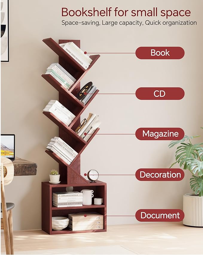 SUNMORY 6 Tier Tree Bookshelf, Tall Small Bookcase with Storage Cabinet | Narrow Bookshelves Organizer, Floor Standing Book Case Shelf for Bedroom Living Room Home Office Corner, Cherry