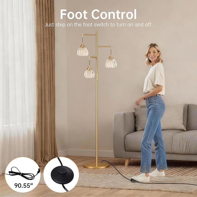 Shenmoyl Stepless Dimming Floor Lamps for Living Room, Bedroom, Gold Standing Lamp with 3pcs 6W Bulbs, Vintage Brass Floor Lamp for Corner, Nursery (Clear Tulip)