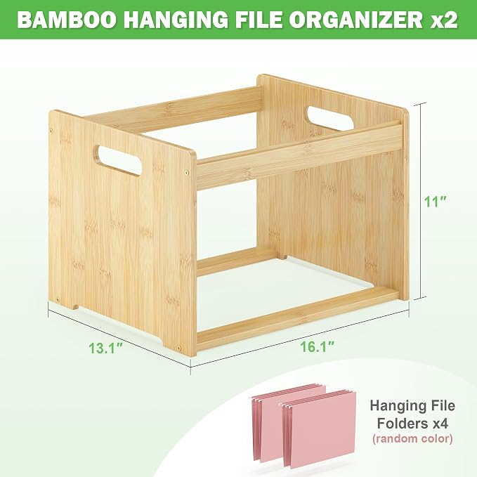 Bamboo Hanging File Box Organizer, File Folder Storge, Nature, 2 Pack