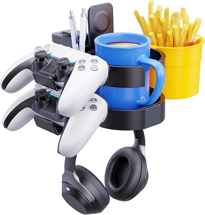 7-in-1 Desk Cup Holder - EURPMASK Organizer with Headphone, Controller Holder, Snack Bucket, and Phone Holder, Clamp-On Desk Accessory with Sturdy Large Storage, Easy to Install, Black