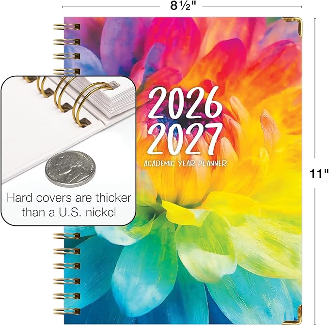 HARDCOVER Academic Year 2026-2027 Planner: 14 Months (May 2026 Through June 2027) 8.5"x 11" Daily Weekly Monthly Planner Yearly Agenda. Bookmark, Pocket Folder and Sticky Note Set (Rainbow Petals)