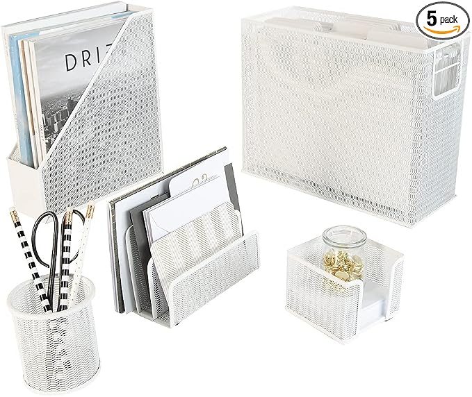 BLU MONACO | White Desk Organizer Set | 5 Piece Metal Office Desk Organizer with Hanging File Holder, Magazine Organizer, Pen Cup, Sticky Note Holder, Mail Sorter | Desk Organizers and Accessories