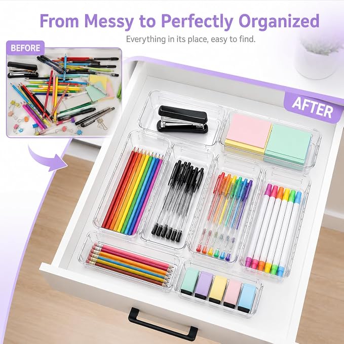 Clear Expandable Drawer Organizer Set, 16PCS Adjustable Drawer Organizers for Makeup, Cosmetics, Jewelry, Skincare, Bathroom, Kitchen & Dresser Storage, Transparent PET Drawer Storage Bins, 2 Sizes