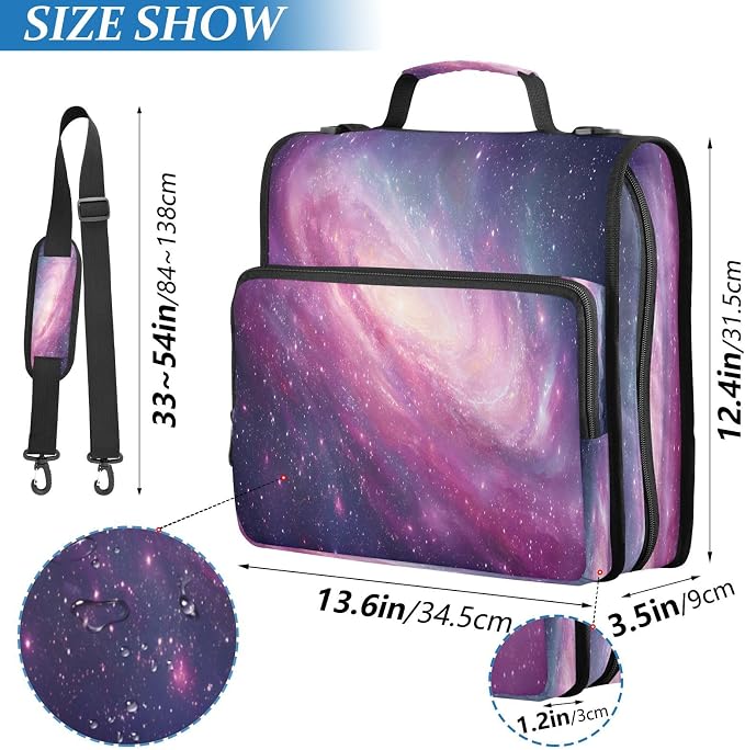 ALAZA Zipper Binder 3 Ring Colored Galaxy Universe Binder Organizer with Zipper and Shoulder Strap Large Capacity Multi-Pocket Trapper Keeper File Folder for Office Supplies