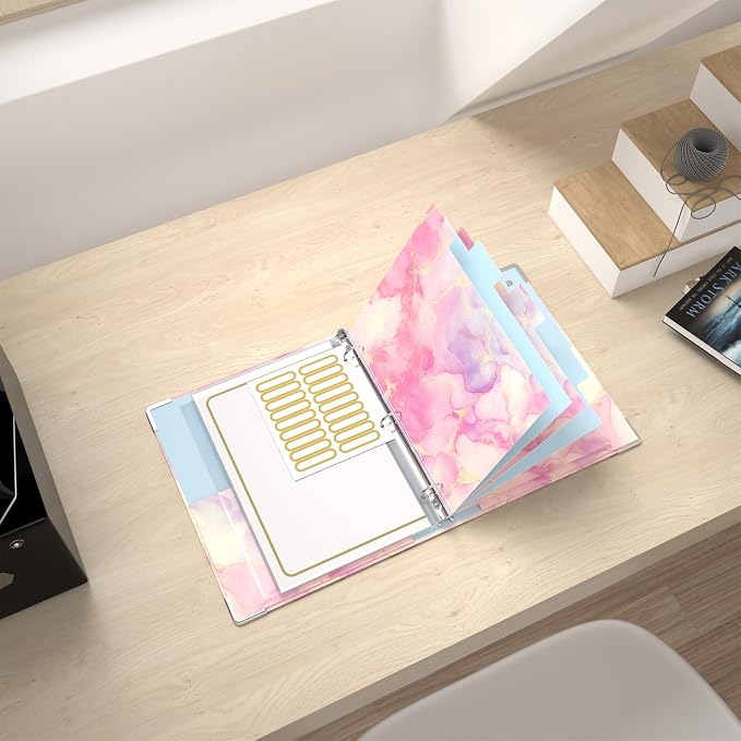 Rouidr Mini 3 Ring Binder with clipboard, 1 inch Round Binder Organizer, 8.5"x5.5" Cute Binder with 5 Dividers Tabs & Clear Sleeves, School Supplies, Office Supplies