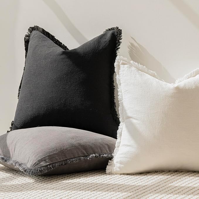 Foindtower Set of 2 Decorative Linen Fringe Lumbar Throw Pillow Covers Boho Farmhouse Cushion Cover with Tassels Soft Accent Pillowcase for Couch Sofa Bed Living Room Home Decor,12×20 Inch,Black