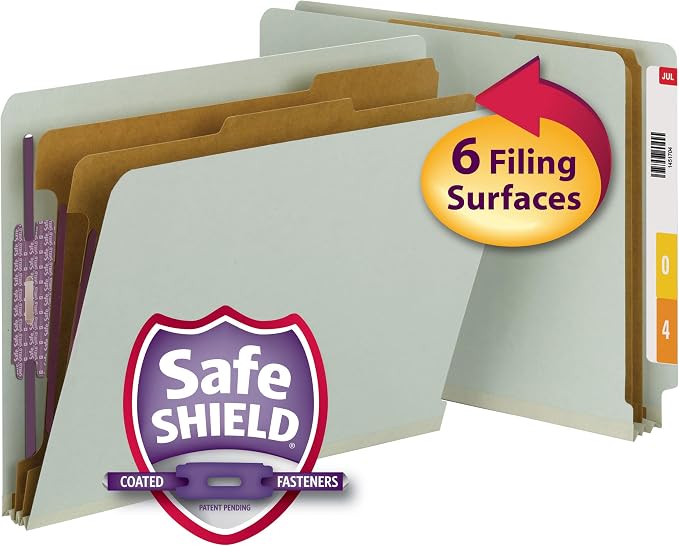 Smead 100% Recycled End Tab Pressboard Classification File Folder with SafeSHIELD Fasteners, 2 Dividers, 2" Expansion, Letter Size, Gray/Green, 10 per Box (26810)