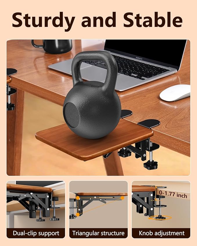 Ergonomic Wood Desk Extender Tray, Foldable Elbow Wrist Rest Shelf | 8.2"x7.6" Clamp On, 90° Adjustable, Space Saving Table Mount Arm Support for Office Home Working,Fits Up To 1.77in Thick Desk
