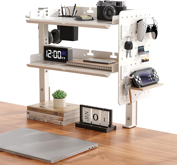 Metal Clamp On Desk Shelf,Storage Shelves with Pegboard and Pencil Holder | 2-Tier Adjustable 16 inch Above or Under Heavy Duty Desktop Organizer with Headphone Holder for Desk Accessories (White)