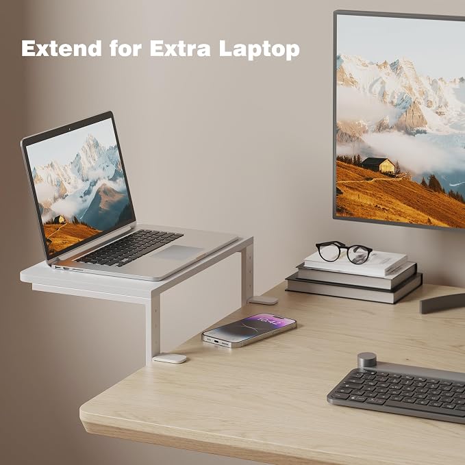 Desk Extender, 15-inch Clamp-On Desk Shelf, Height-Adjustable Desktop Shelf Organizer for Monitors Office and Gaming Accessories, Arm Support Table Extension, 44lbs Heavy Duty, White