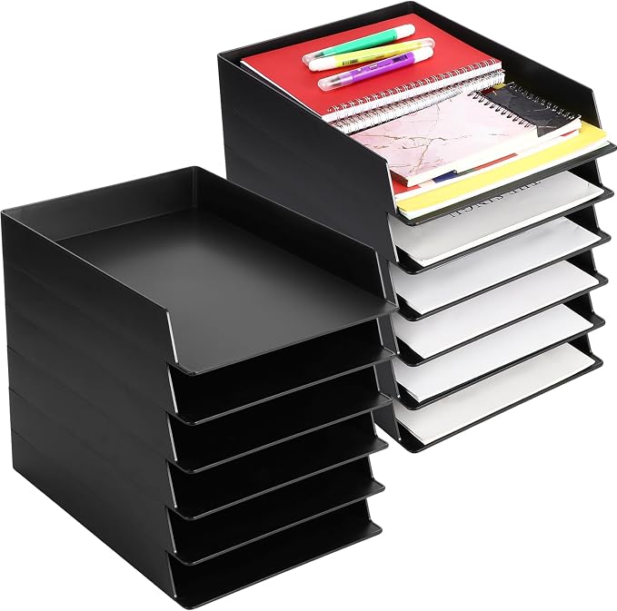 12 Pcs Stackable Paper Trays Rectangular Plastic Desk Holder Desktop Document File Organizer Storage Letter for Office Classroom (Black)